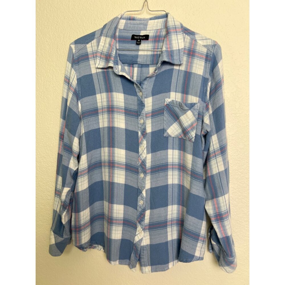Women’s Well Worn Medium Blue Plaid Flannel Shirt